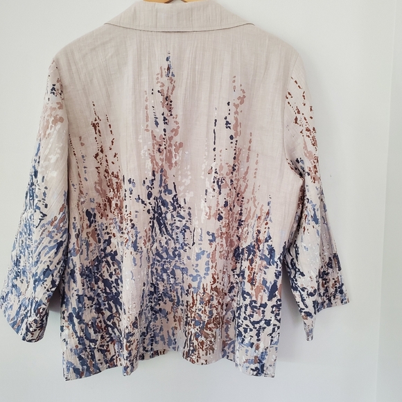 COLDWATER CREEK L 100% Linen Open Front Blazer Jacket 3/4 Sleeve Watercolors EUC - Picture 11 of 15